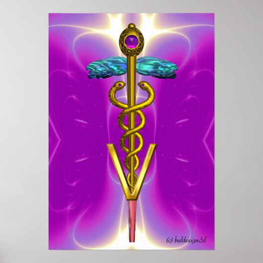 GOLD CADUCEUS VETERINAIR SYMBOL Pink Fuchsia Poster (Voorkant)