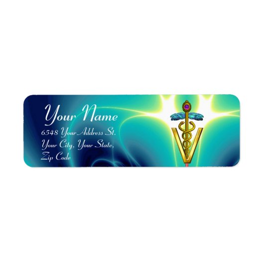 GOLD CADUCEUS VETERINAIR SYMBOOL, aqua blauw, blau Etiket (Voorkant)