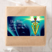 GOLD CADUCEUS VETERINAIR SYMBOOL, Aqua Blue, Blauw Etiket (Insitu)