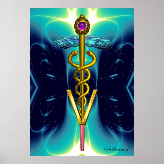 GOLD CADUCEUS VETERINAIR SYMBOOL Blauwgroen Aqua B Poster (Voorkant)