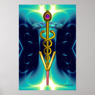 GOLD CADUCEUS VETERINAIR SYMBOOL Blauwgroen Aqua B Poster