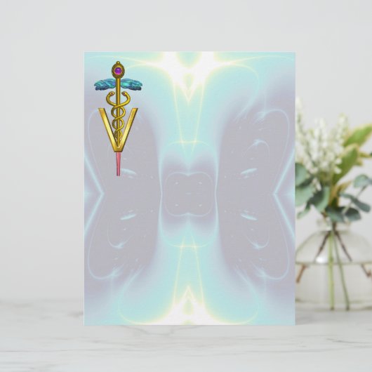 GOLD CADUCEUS VETERINAIR SYMBOOL, Blauwgroen blauw (Staand voorkant)