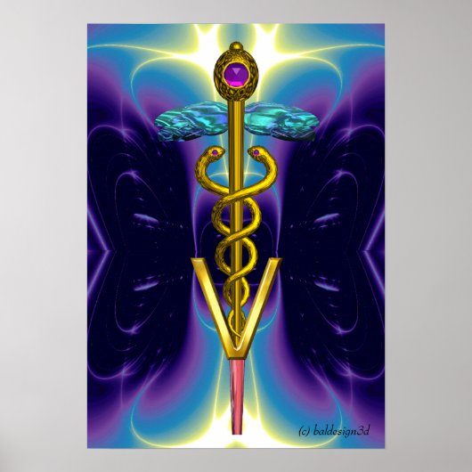GOLD CADUCEUS VETERINAIR SYMBOOL Blue Paars Poster (Voorkant)