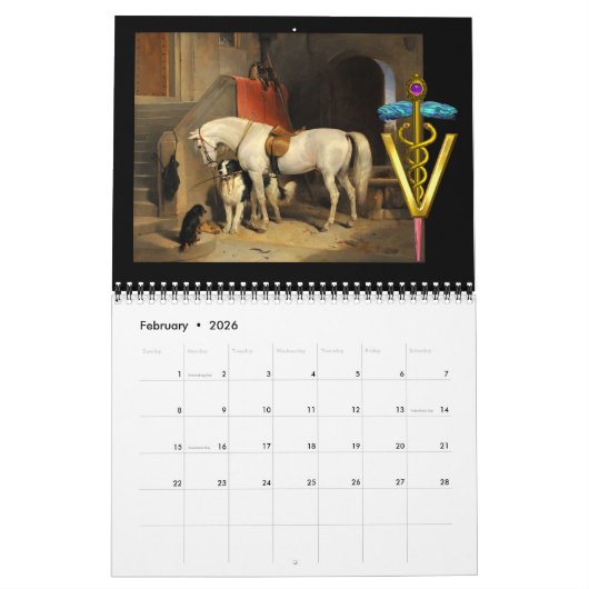 GOLD CADUCEUS VETERINAIR SYMBOOL PAARDEN FINE ART KALENDER (Feb 2026)