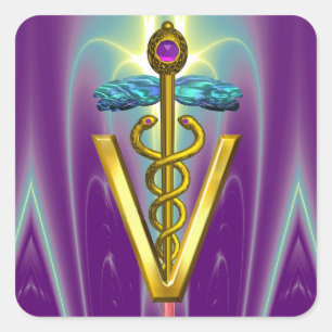 GOLD CADUCEUS VETERINAIR SYMBOOL Paars groen Vierkante Sticker