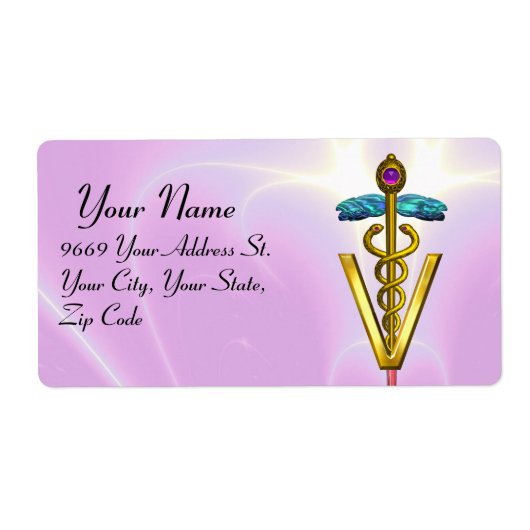 GOLD CADUCEUS VETERINAIR SYMBOOL Roze Lila Etiket (Voorkant)
