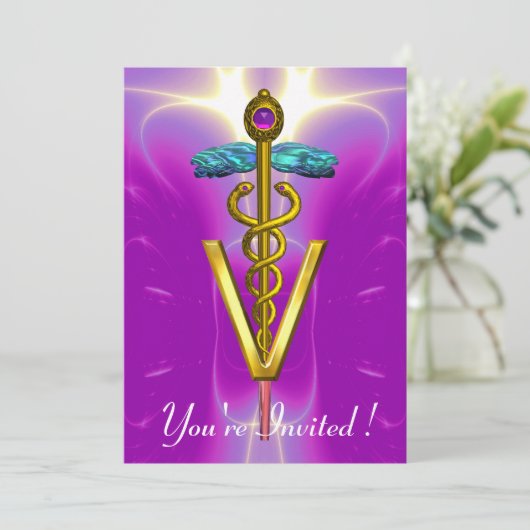 GOLD CADUCEUS VETERINAIR SYMBOOL Roze Paars Kaart (Staand voorkant)