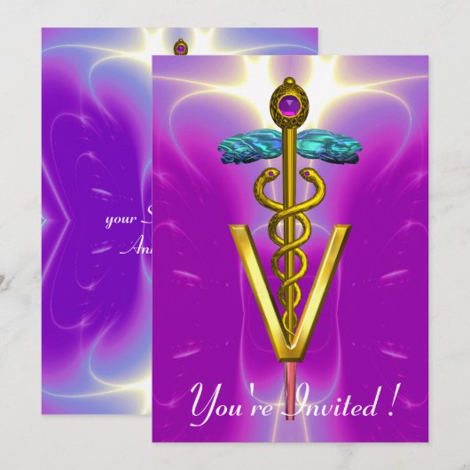 GOLD CADUCEUS VETERINAIR SYMBOOL Roze Paars Kaart (Voorkant / Achterkant)
