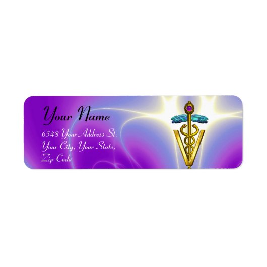 GOLD CADUCEUS VETERINAIR SYMBOOL, Violet, Paars Etiket (Voorkant)