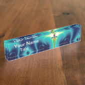 GOLD CADUCEUS , Vibrant Blue Turquoise Naambordje (Zijkant)