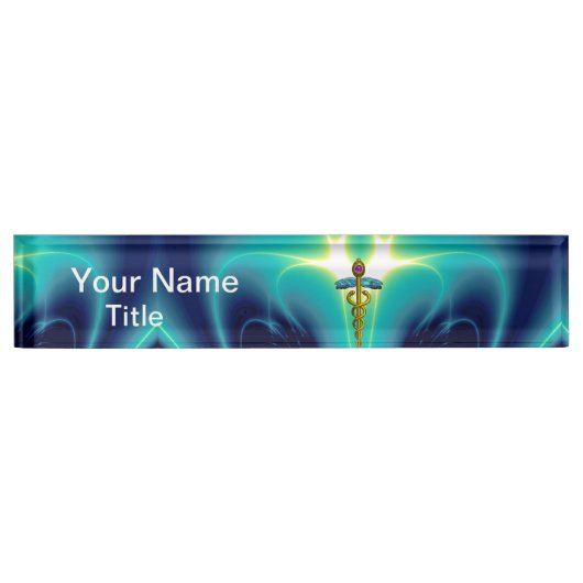 GOLD CADUCEUS , Vibrant Blue Turquoise Naambordje (Voorkant)