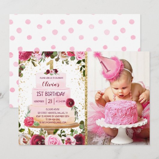 Gold Cake 1e verjaardag uitnodiging met foto (Voorkant / Achterkant)
