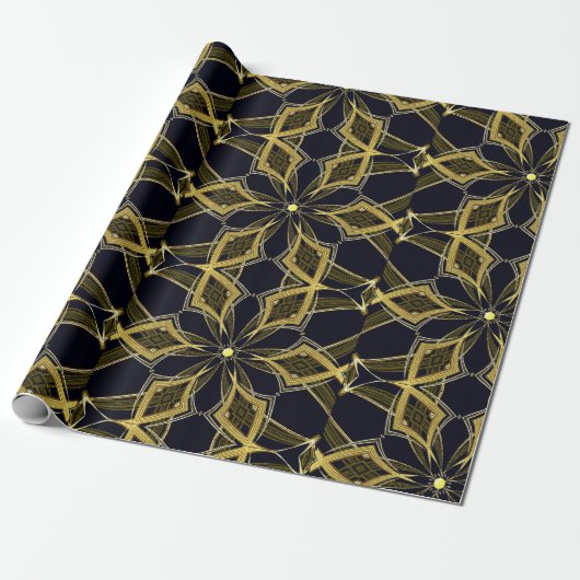 Gold caleidoscoop op zwart weefsel cadeaupapier (Uitgerold)