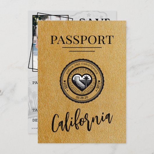 Gold California Passport Bewaar de datum Save The Date (Voorkant / Achterkant)