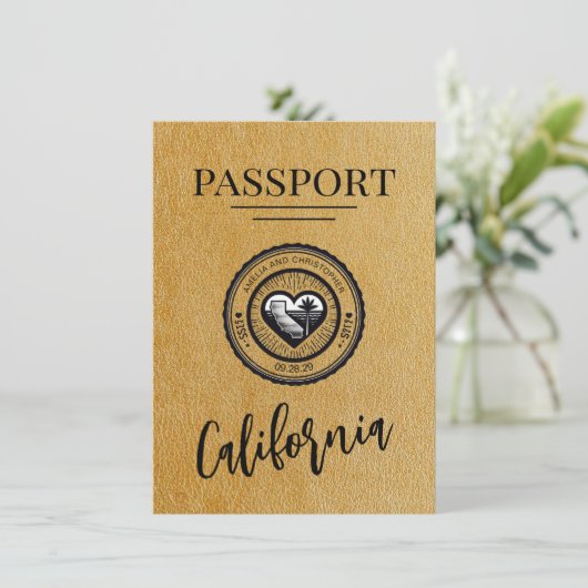 Gold California Passport Bewaar de datum Save The Date (Staand voorkant)