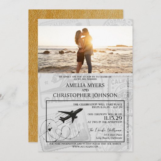 Gold California Passport Wedding Kaart (Voorkant / Achterkant)