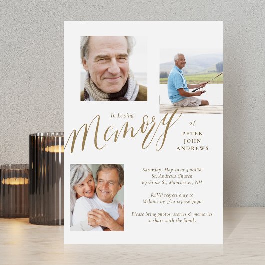 Gold Calligrafie 3 Foto in Loating Memory Funeral Kaart