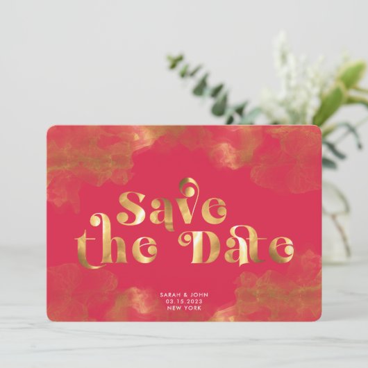 Gold Calligrafie Elegant Magenta QR-code Save The Date (Staand voorkant)