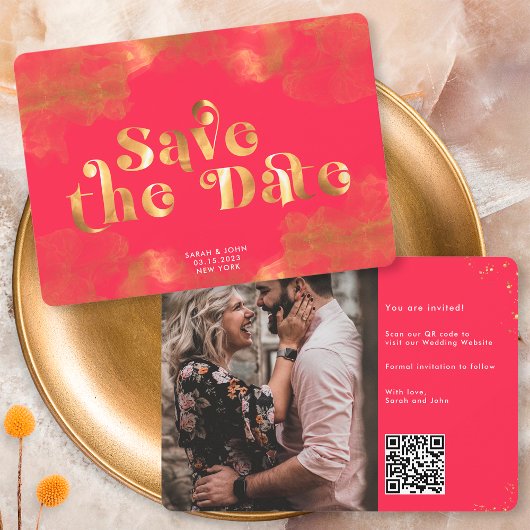 Gold Calligrafie Elegant Magenta QR-code Save The Date