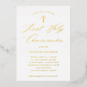 Gold Calligrafie en Cross | Eerste Heilige Communi Folie Uitnodiging (Voorkant)