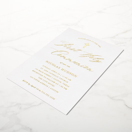 Gold Calligrafie en Cross | Eerste Heilige Communi Folie Uitnodiging (Gedraaid)
