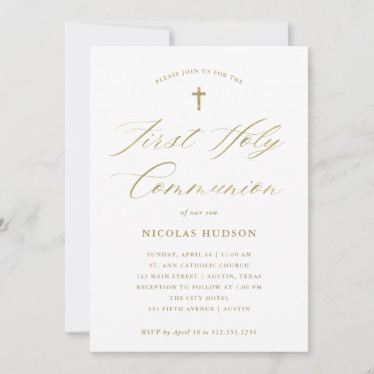 Gold Calligrafie en Cross | Eerste Heilige Communi Kaart (Voorkant)