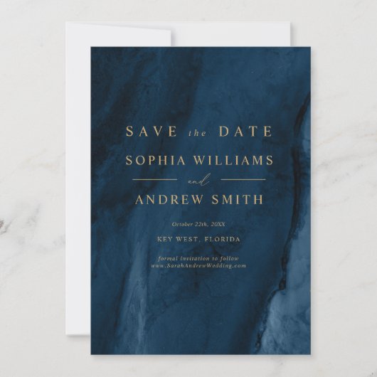 Gold Calligrafie en Navy Blue Save the Date Kaart (Voorkant)