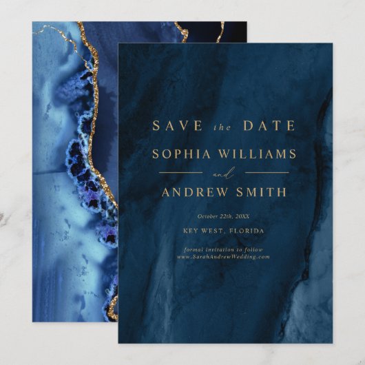 Gold Calligrafie en Navy Blue Save the Date Kaart (Voorkant / Achterkant)