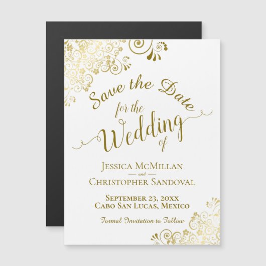 Gold Calligrafie op White Save the Date Magnet (Voorkant / Achterkant)