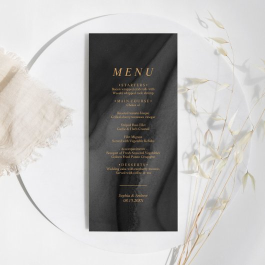 Gold Calligraphy & Black Agat Wedding Menu
