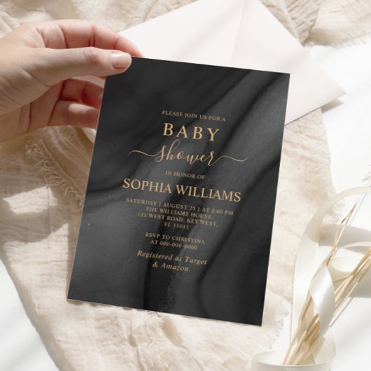 Gold Calligraphy & Black Baby shower Invitation Kaart