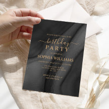 Gold Calligraphy & Black Birthday Party Invitation