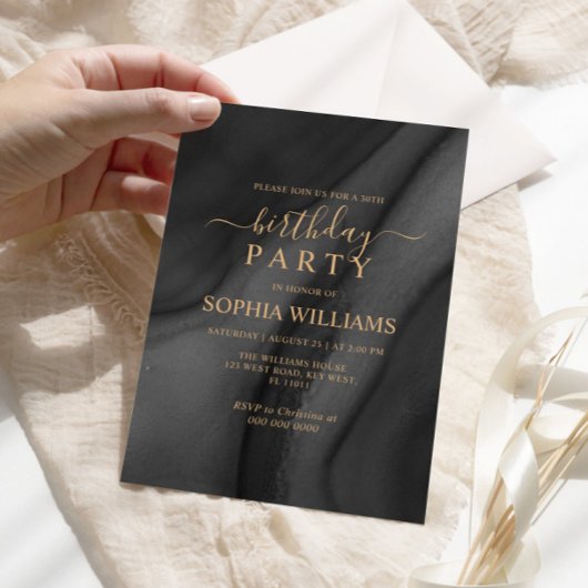 Gold Calligraphy & Black Birthday Party Invitation Kaart