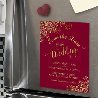 Gold Calligraphy Burgundy Red Save the Date Magnet