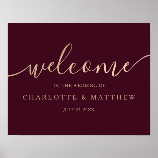 Gold Calligraphy Burgundy Welcome Wedding Poster (Voorkant)