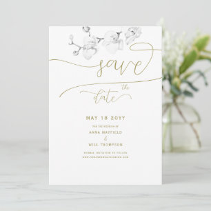 Gold Calligraphy Chic Orchid Wedding Save the Date Kaart