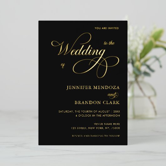 Gold Calligraphy Classic All in One Wedding Real Folie Uitnodiging (Staand Voorkant)