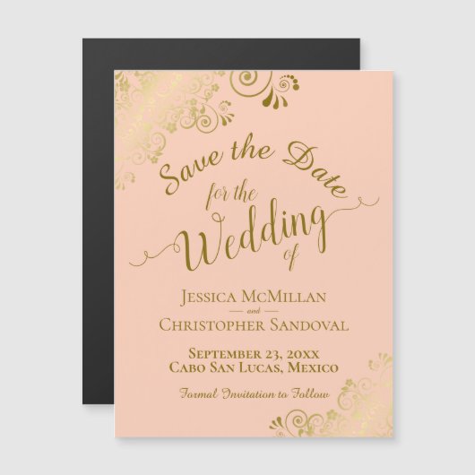 Gold Calligraphy Coral Peach Save the Date Magnet (Voorkant / Achterkant)