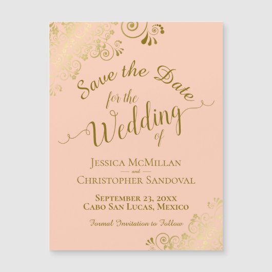 Gold Calligraphy Coral Peach Save the Date Magnet (Voorkant)