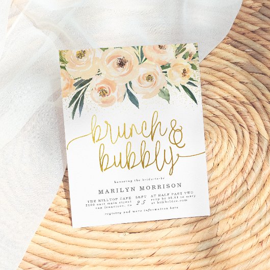 Gold Calligraphy Floral Brunch & Bubble Uitnodiging Briefkaart