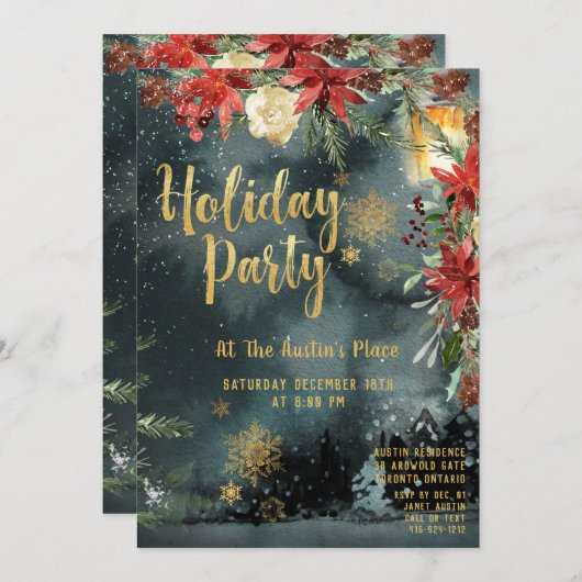 Gold Calligraphy Floral Greenery Holiday Party Kaart (Voorkant / Achterkant)