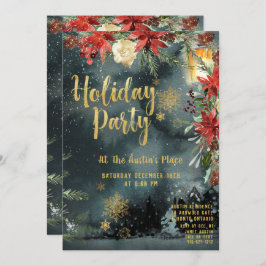 Gold Calligraphy Floral Greenery Holiday Party Kaart