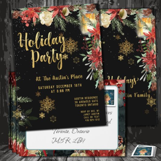 Gold Calligraphy Floral Greenery Holiday Party Kaart