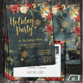 Gold Calligraphy Floral Greenery Holiday Party Kaart