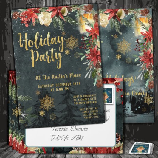 Gold Calligraphy Floral Greenery Holiday Party Kaart