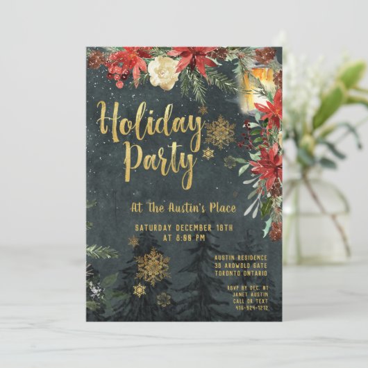 Gold Calligraphy Floral Greenery Holiday Party Kaart (Staand voorkant)