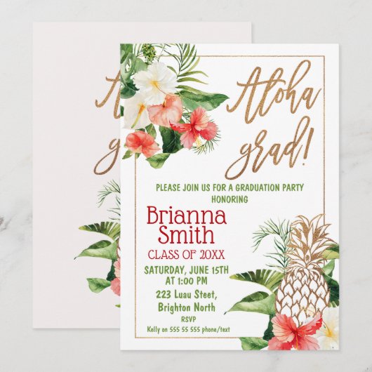Gold Calligraphy Floral Luau Afstuderen Kaart (Voorkant / Achterkant)