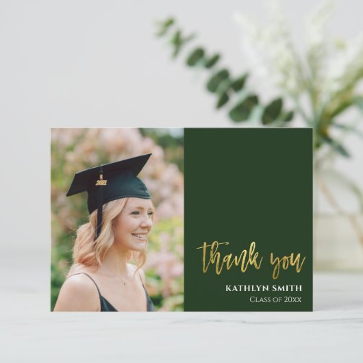 Gold Calligraphy Green Modern Photo Afstuderen Bedankkaart (Staand voorkant)