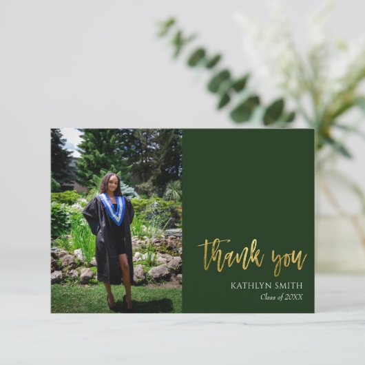 Gold Calligraphy Green Modern Photo Afstuderen Bedankkaart (Staand voorkant)