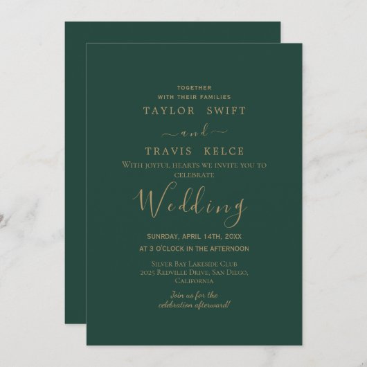 Gold Calligraphy Green Wedding Invitation Kaart (Voorkant / Achterkant)